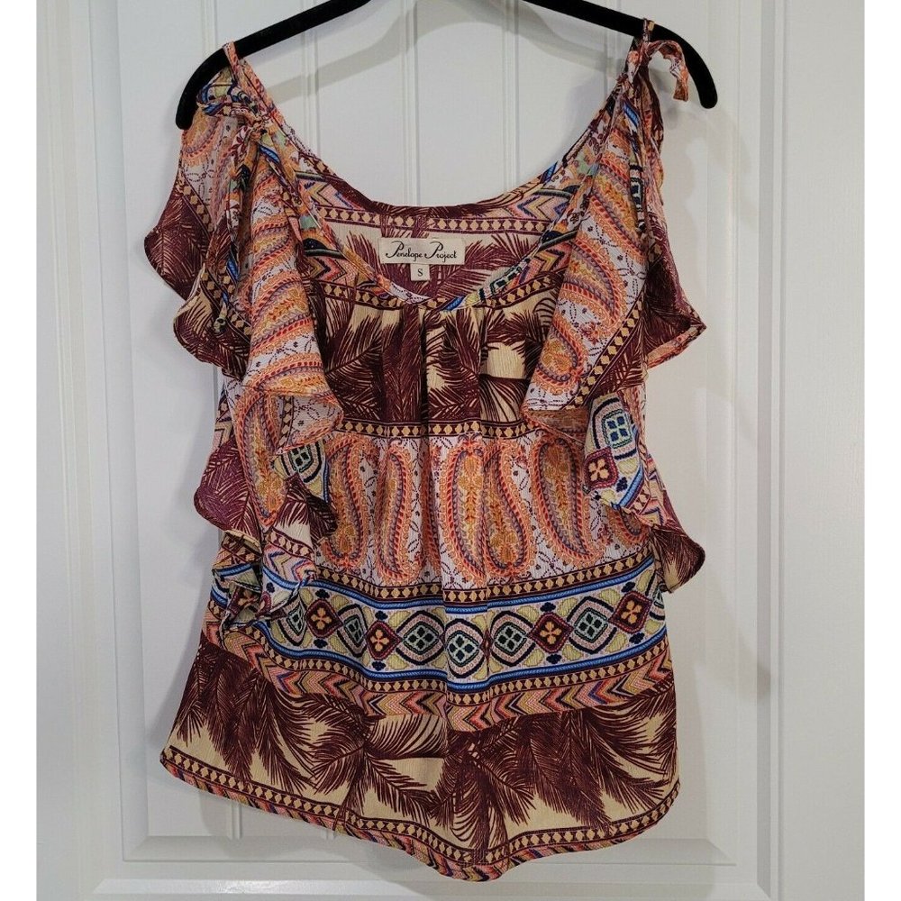 Penelope Project Women's Size Small Brown Mixed Print Tie Strap Ruffle Blouse
